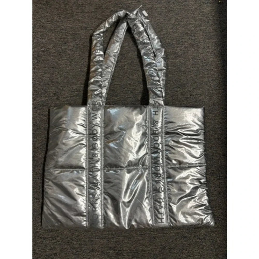 Bath & Body‎ Works Metallic Silver Puffer Tote Bag Quilted Logo Strap Handbag